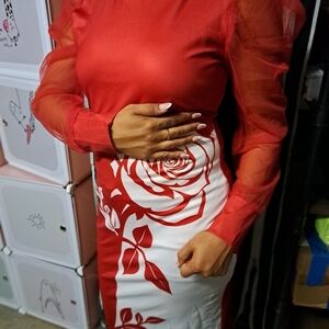 Red and White Ruffled Sheath Dress